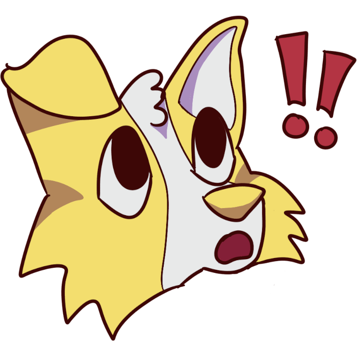 image of a yellow dog looking surprised with two red exclamation marks